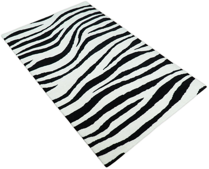 5x8 Black and White Zebra Antelop Area Rug, Hand Tufted Modern Wool Area Rug | ANI1 - The Rug Decor