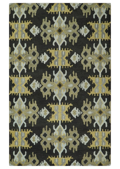 5x8 Black, Silver and Beige Traditional large Ikat Design Hand Tufted Wool Area Rug - The Rug Decor