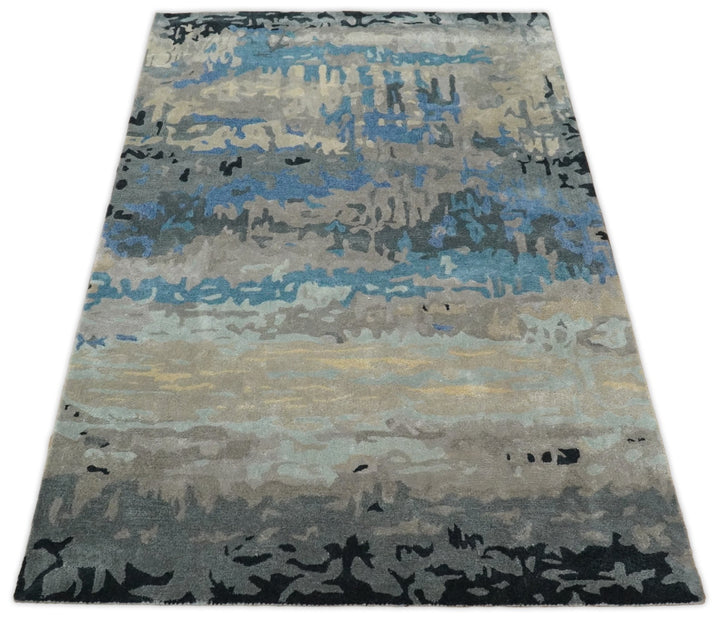5x8 Blue and Brown Abstract Handmade Wool and Art Silk Area Rug - The Rug Decor