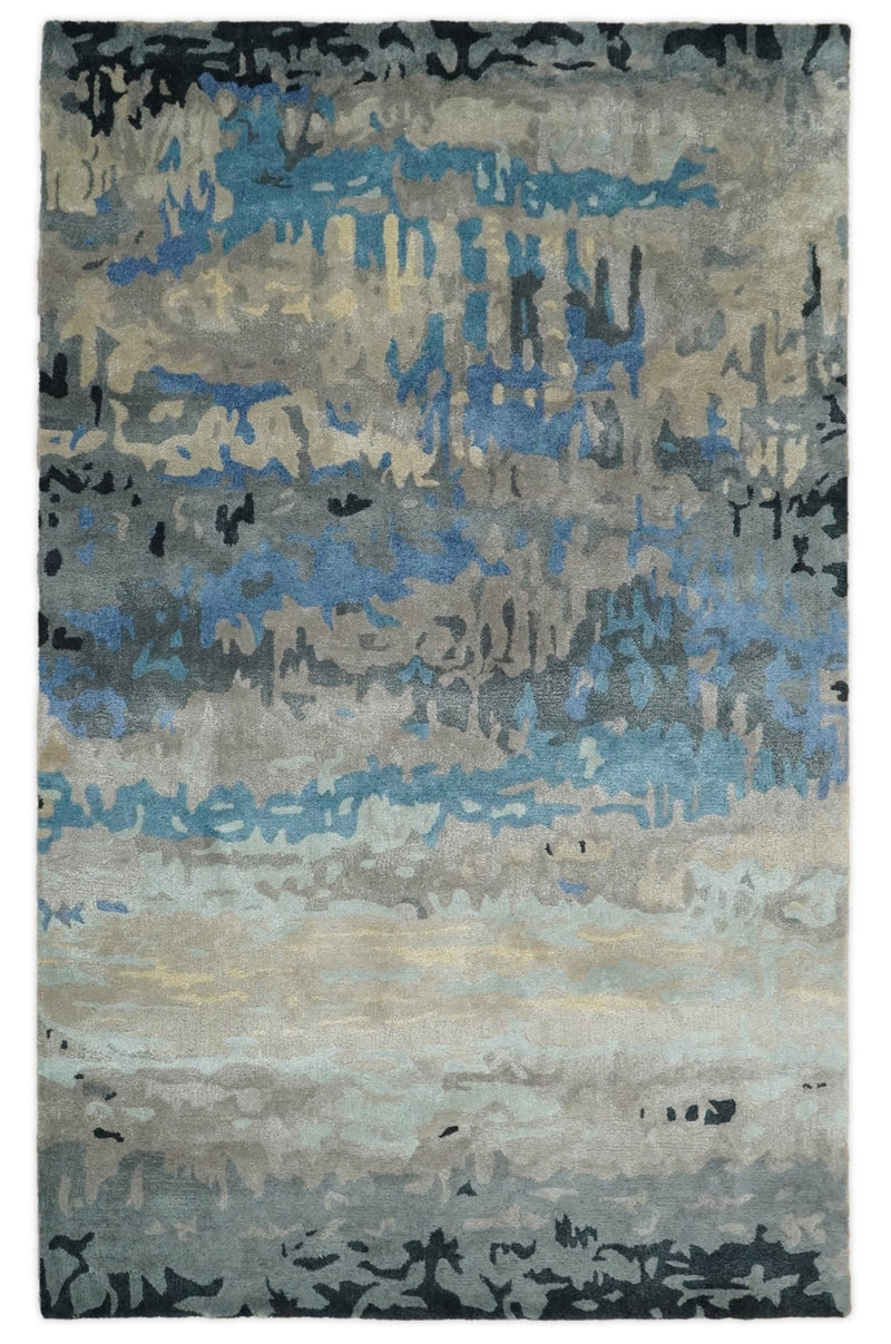 5x8 Blue and Brown Abstract Handmade Wool and Art Silk Area Rug - The Rug Decor