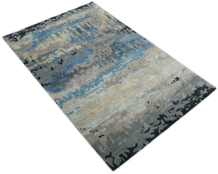 5x8 Blue and Brown Abstract Handmade Wool and Art Silk Area Rug - The Rug Decor