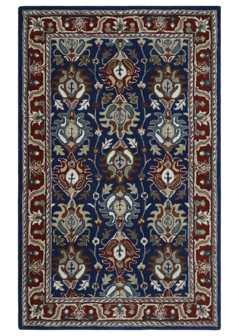 5x8 Blue and Brown Traditional Hand Tufted Farmhouse Wool Area Rug - The Rug Decor