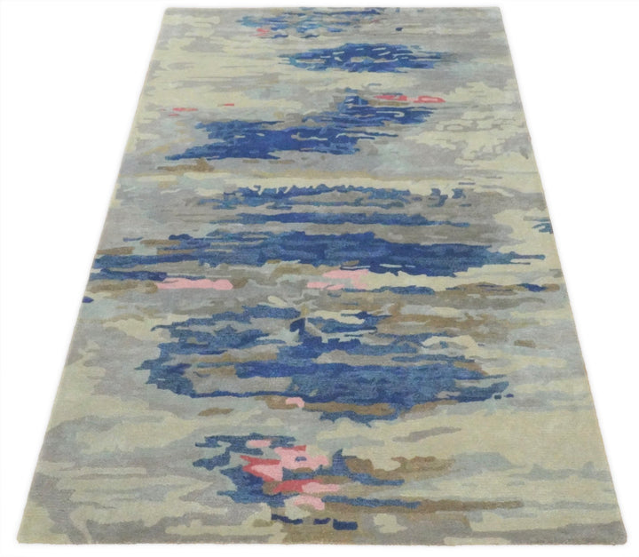 5x8 Blue and Silver Abstract Handmade Wool and Art Silk Area Rug - The Rug Decor