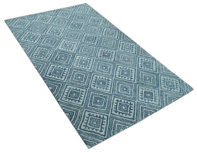 5x8 Blue and Silver Geometrical Pattern Hand Tufted Farmhouse Wool Area Rug - The Rug Decor