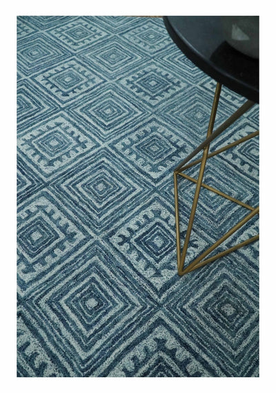 5x8 Blue and Silver Geometrical Pattern Hand Tufted Farmhouse Wool Area Rug - The Rug Decor