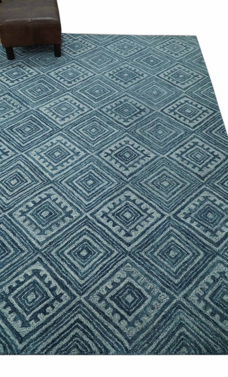 5x8 Blue and Silver Geometrical Pattern Hand Tufted Farmhouse Wool Area Rug - The Rug Decor