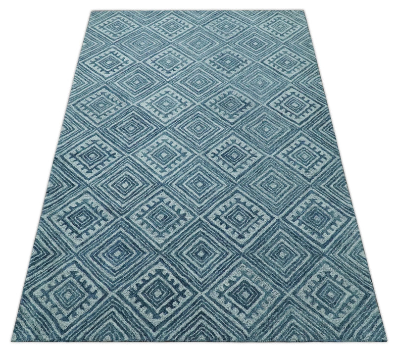 5x8 Blue and Silver Geometrical Pattern Hand Tufted Farmhouse Wool Area Rug - The Rug Decor