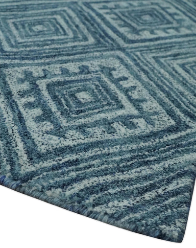 5x8 Blue and Silver Geometrical Pattern Hand Tufted Farmhouse Wool Area Rug - The Rug Decor