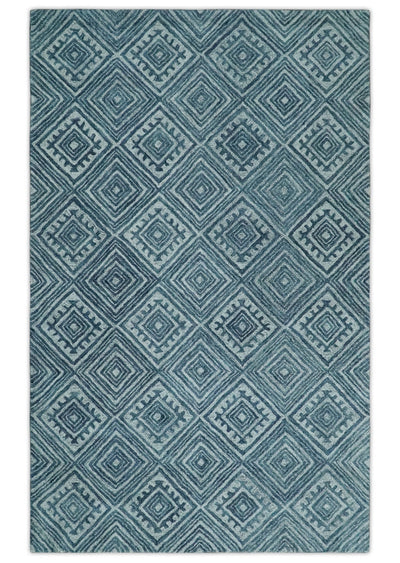 5x8 Blue and Silver Geometrical Pattern Hand Tufted Farmhouse Wool Area Rug - The Rug Decor