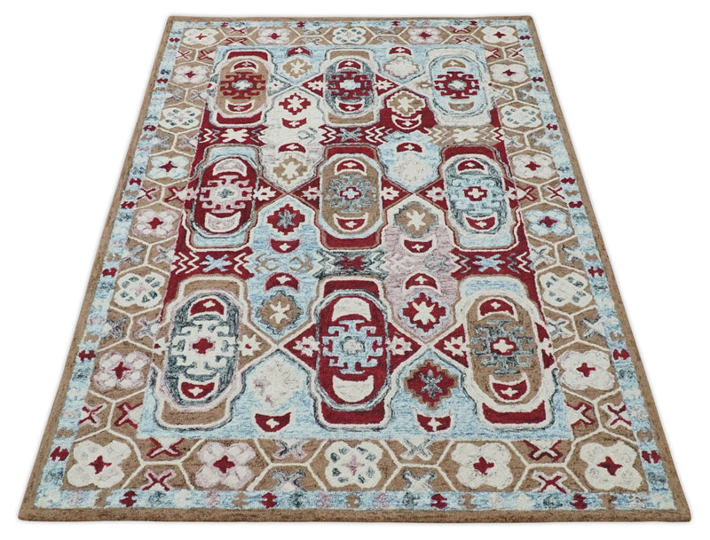 5x8 Blue, Maroon and Brown Traditional large design Antique look Hand Tufted Farmhouse Wool Area Rug - The Rug Decor
