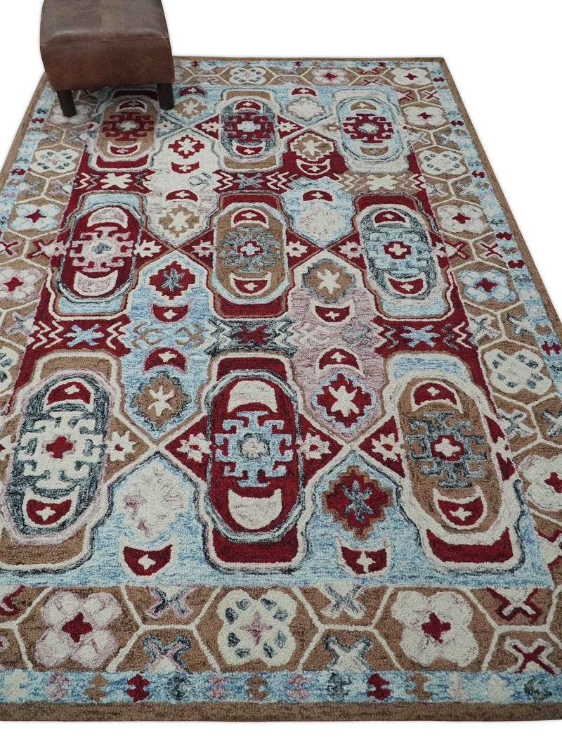 5x8 Blue, Maroon and Brown Traditional large design Antique look Hand Tufted Farmhouse Wool Area Rug - The Rug Decor