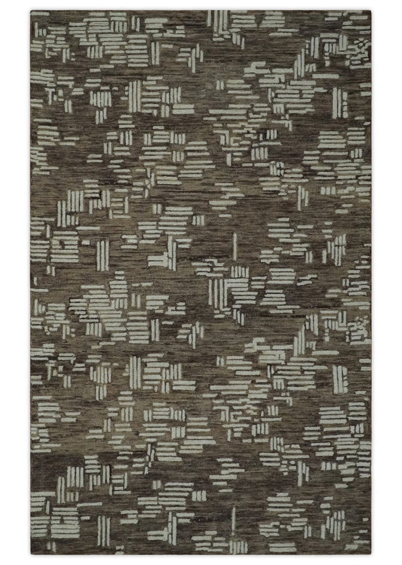 5x8 Brown and Ivory Blocks pattern Hand Tufted Farmhouse Wool Area Rug - The Rug Decor