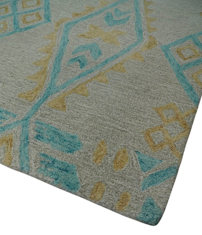 5x8 Camel, Beige and Blue Geometrical Shapes Hand Tufted Farmhouse Wool Area Rug - The Rug Decor
