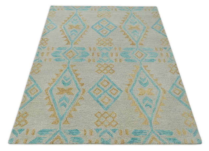 5x8 Camel, Beige and Blue Geometrical Shapes Hand Tufted Farmhouse Wool Area Rug - The Rug Decor