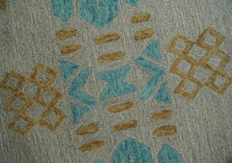 5x8 Camel, Beige and Blue Geometrical Shapes Hand Tufted Farmhouse Wool Area Rug - The Rug Decor