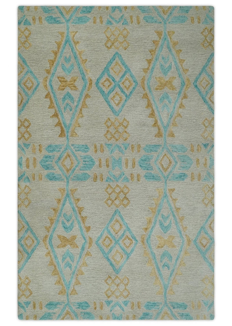5x8 Camel, Beige and Blue Geometrical Shapes Hand Tufted Farmhouse Wool Area Rug - The Rug Decor