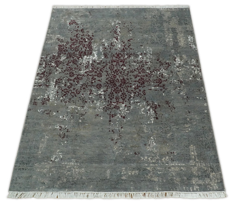 5x8 Fine Hand Knotted Gray and Maroon Traditional Vintage Persian Style Antique Wool and Silk Rug | AGR5 - The Rug Decor