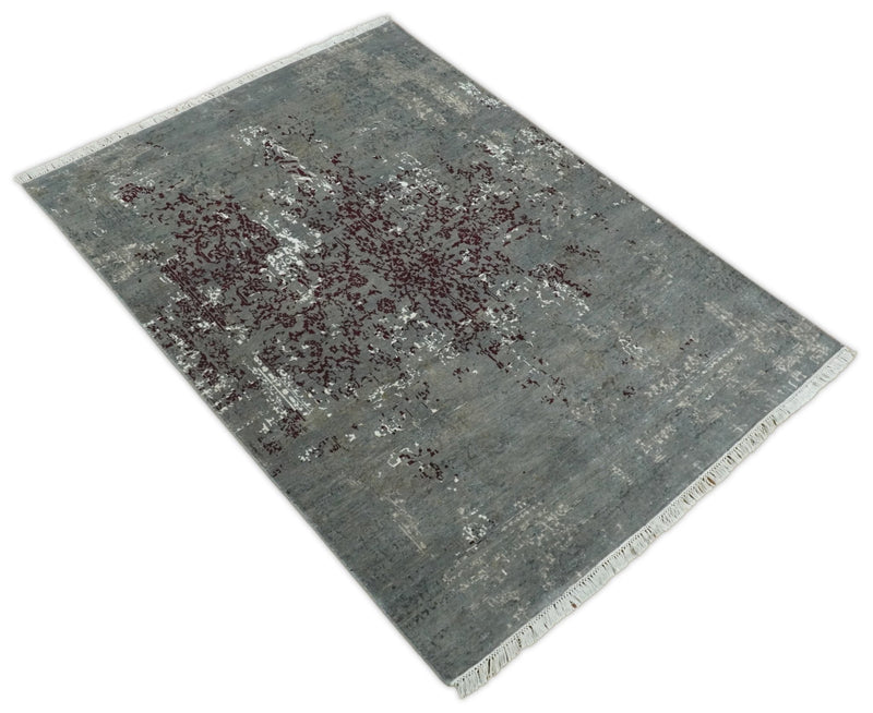 5x8 Fine Hand Knotted Gray and Maroon Traditional Vintage Persian Style Antique Wool and Silk Rug | AGR5 - The Rug Decor