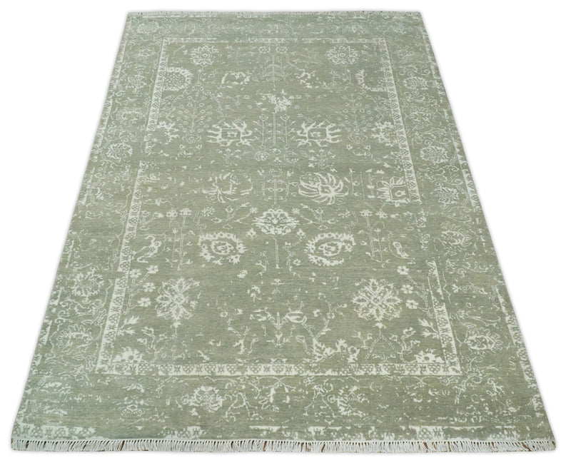 5x8 Fine Hand Knotted Olive and Ivory Traditional Vintage Persian Style Antique Wool and Silk Rug | AGR6 - The Rug Decor