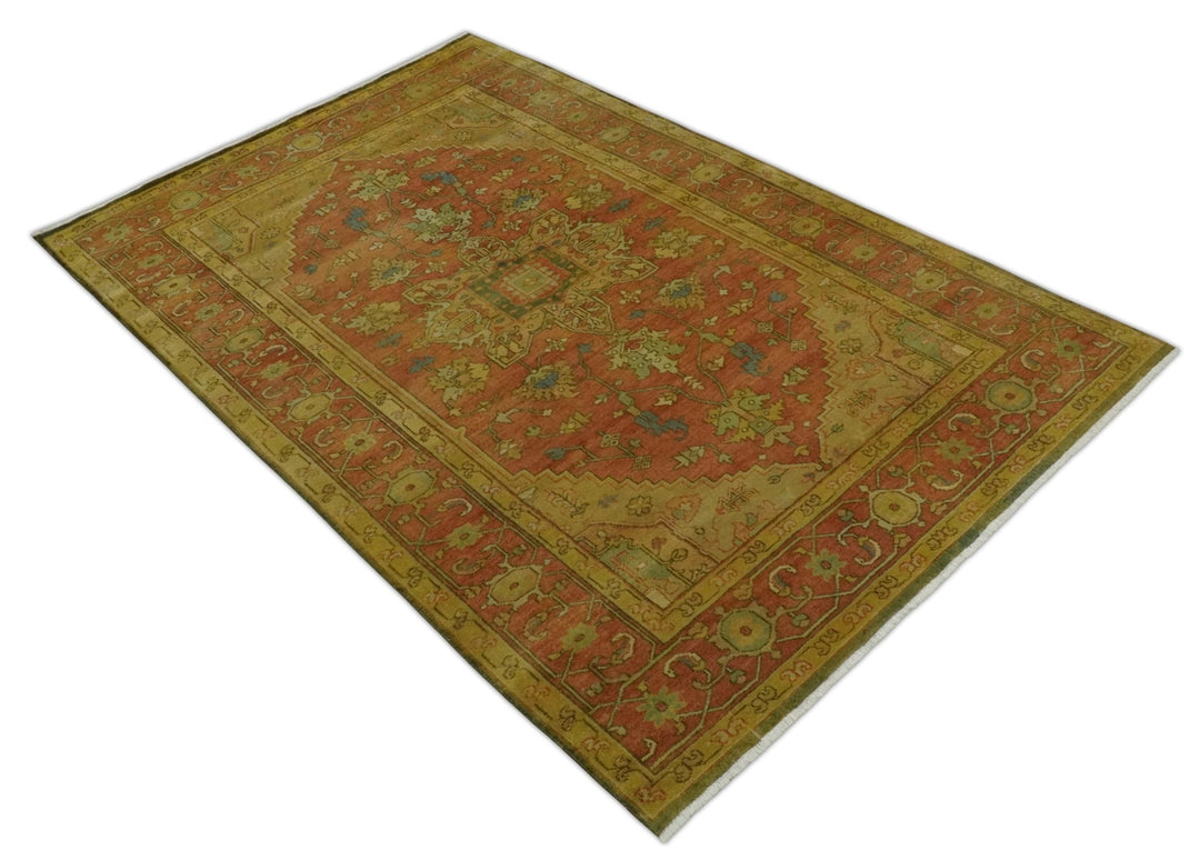 5x8 Gold and Rust Heriz Serapi Traditional Vintage Antique Hand Knotted Wool Area Rug - The Rug Decor