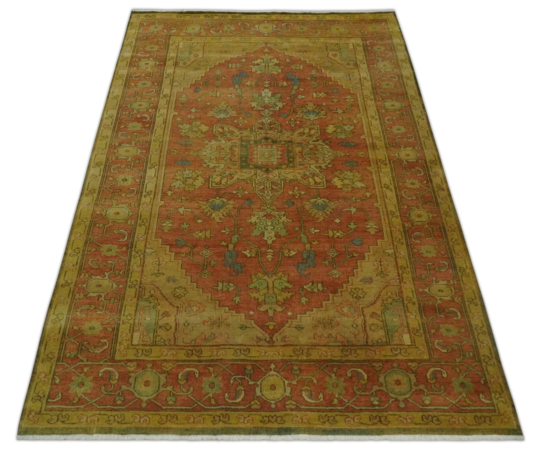 5x8 Gold and Rust Heriz Serapi Traditional Vintage Antique Hand Knotted Wool Area Rug - The Rug Decor