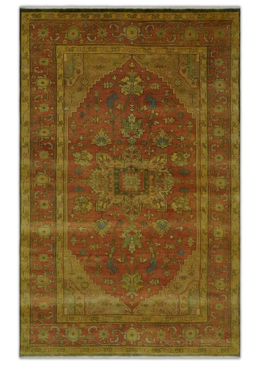 5x8 Gold and Rust Heriz Serapi Traditional Vintage Antique Hand Knotted Wool Area Rug - The Rug Decor