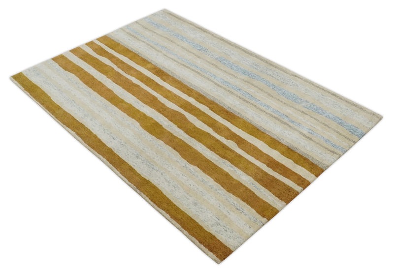 5x8 Gold, Ivory and Camel Stripes Hand Tufted Wool Area Rug - The Rug Decor