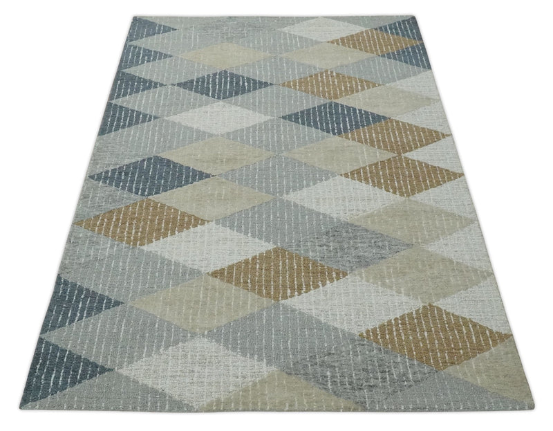 5x8 Gray, Ivory, Beige and Charcoal Geometrical Pattern Hand Tufted Farmhouse Wool Area Rug - The Rug Decor
