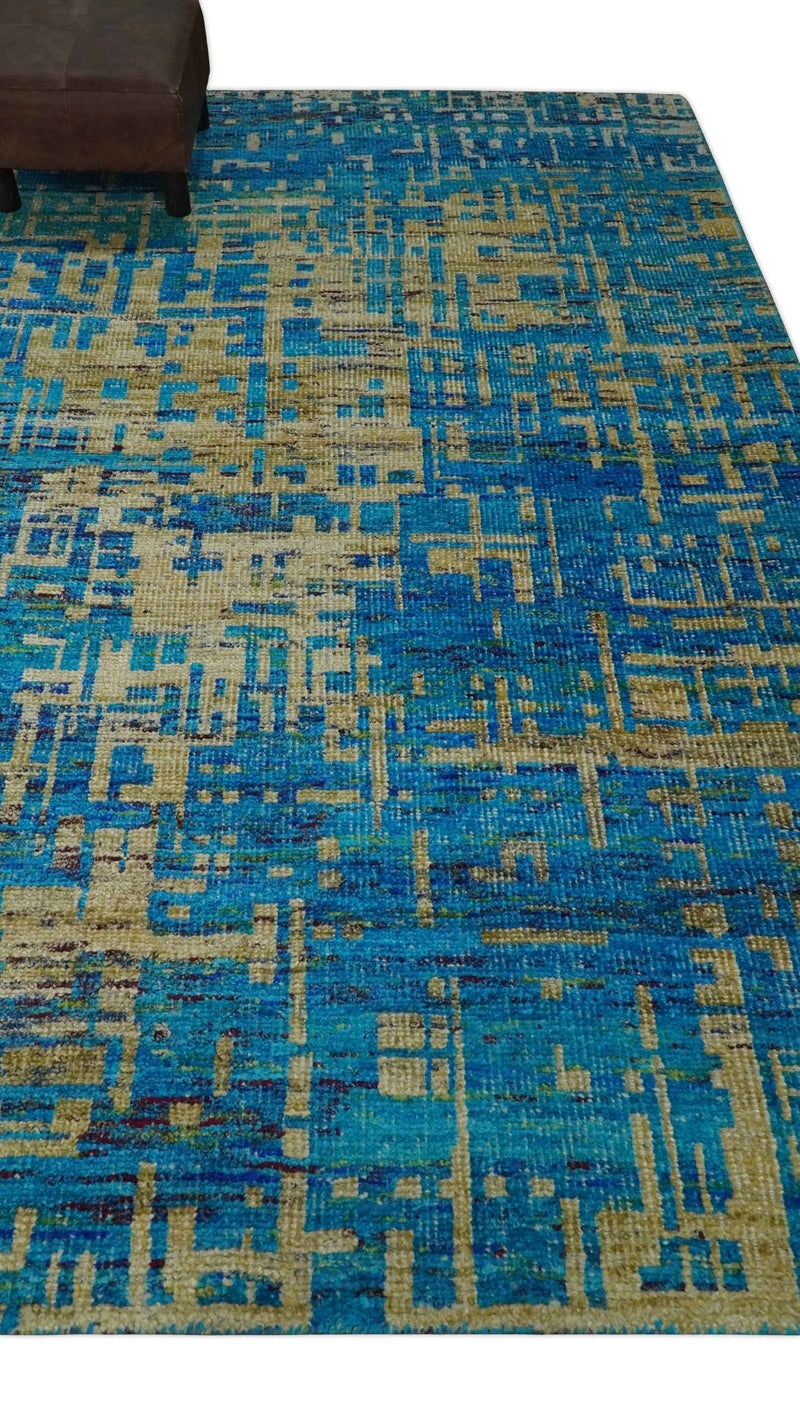 5x8 Hand Knotted Beige and Blue Modern Abstract Contemporary Recycled Silk Area Rug | OP101 - The Rug Decor