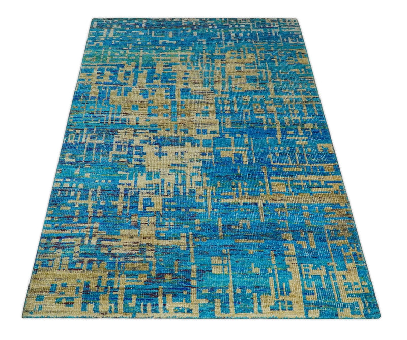 5x8 Hand Knotted Beige and Blue Modern Abstract Contemporary Recycled Silk Area Rug | OP101 - The Rug Decor