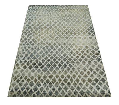 5x8 Hand Knotted Beige, Charcoal and Olive Modern Diamond Geometric Contemporary Recycled Silk Area Rug | OP87 - The Rug Decor