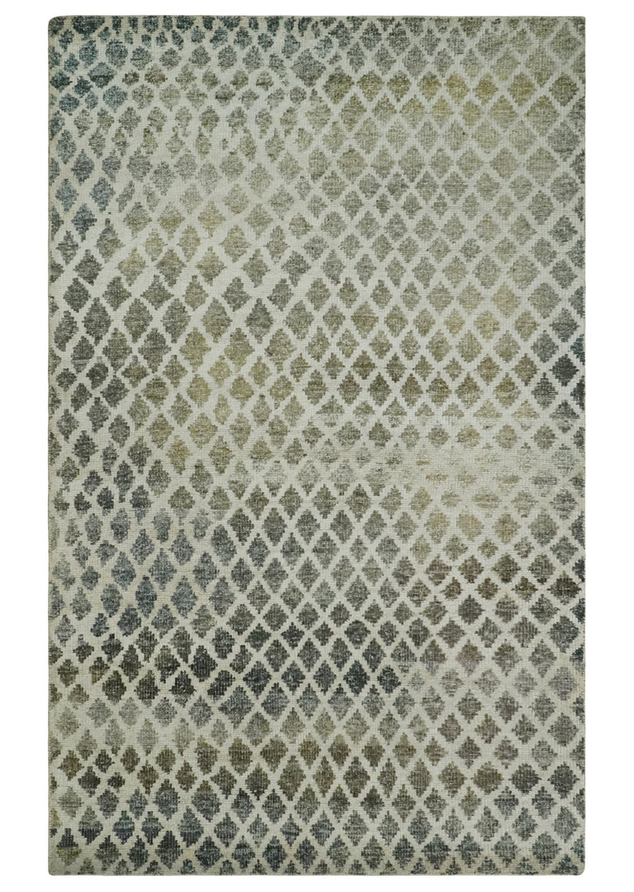 5x8 Hand Knotted Beige, Charcoal and Olive Modern Diamond Geometric Contemporary Recycled Silk Area Rug | OP87 - The Rug Decor