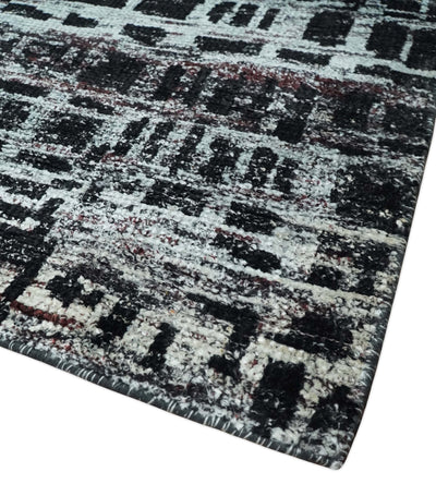 5x8 Hand Knotted Black and Silver Modern Abstract Contemporary Recycled Silk Area Rug | OP120 - The Rug Decor