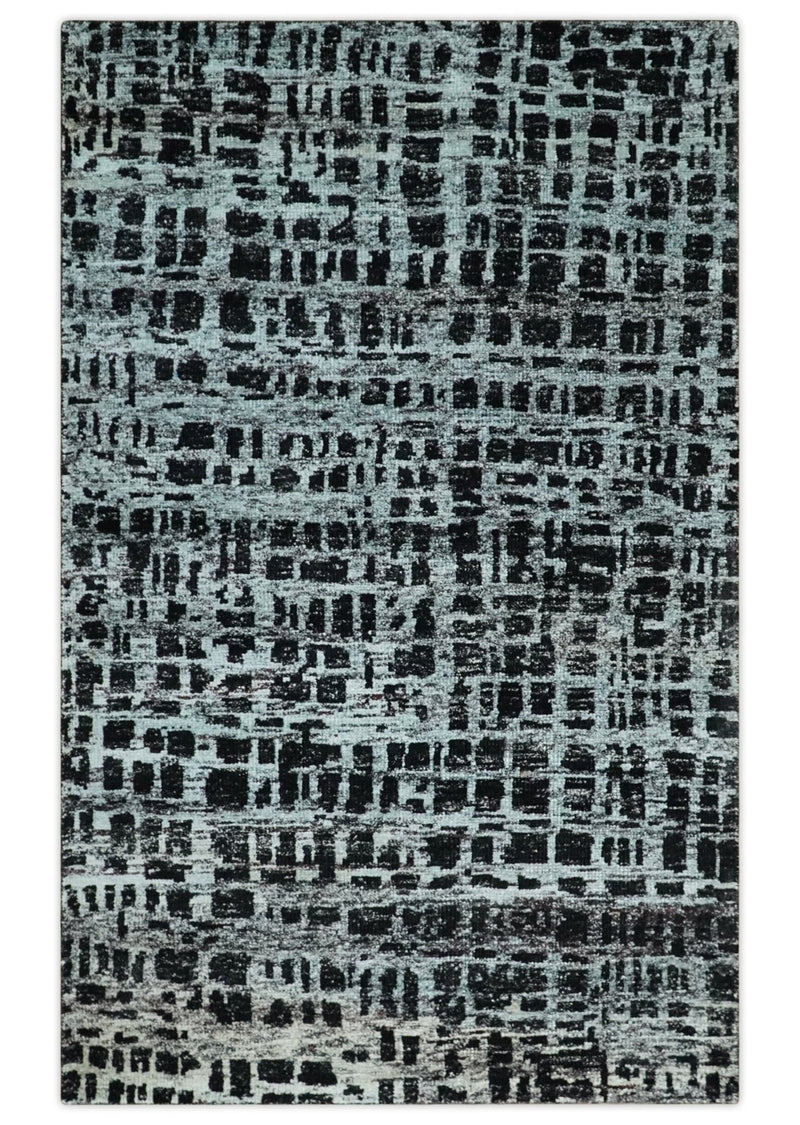 5x8 Hand Knotted Black and Silver Modern Abstract Contemporary Recycled Silk Area Rug | OP120 - The Rug Decor