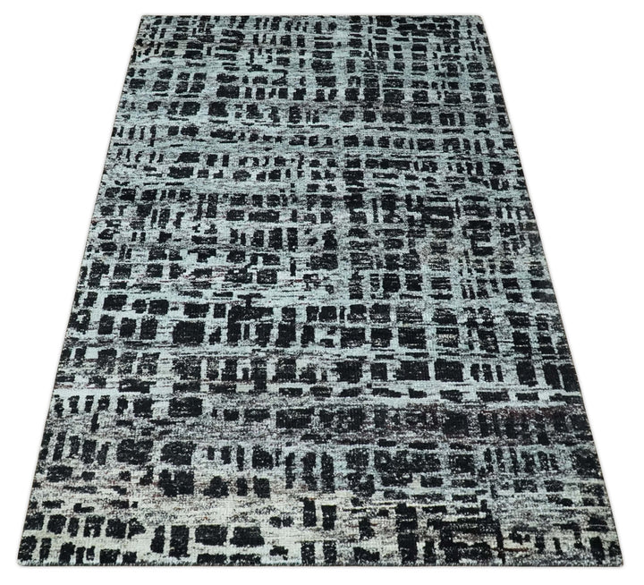 5x8 Hand Knotted Black and Silver Modern Abstract Contemporary Recycled Silk Area Rug | OP120 - The Rug Decor