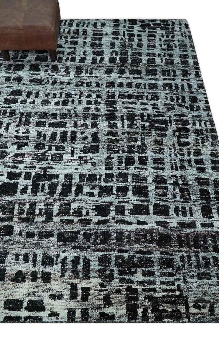 5x8 Hand Knotted Black and Silver Modern Abstract Contemporary Recycled Silk Area Rug | OP120 - The Rug Decor