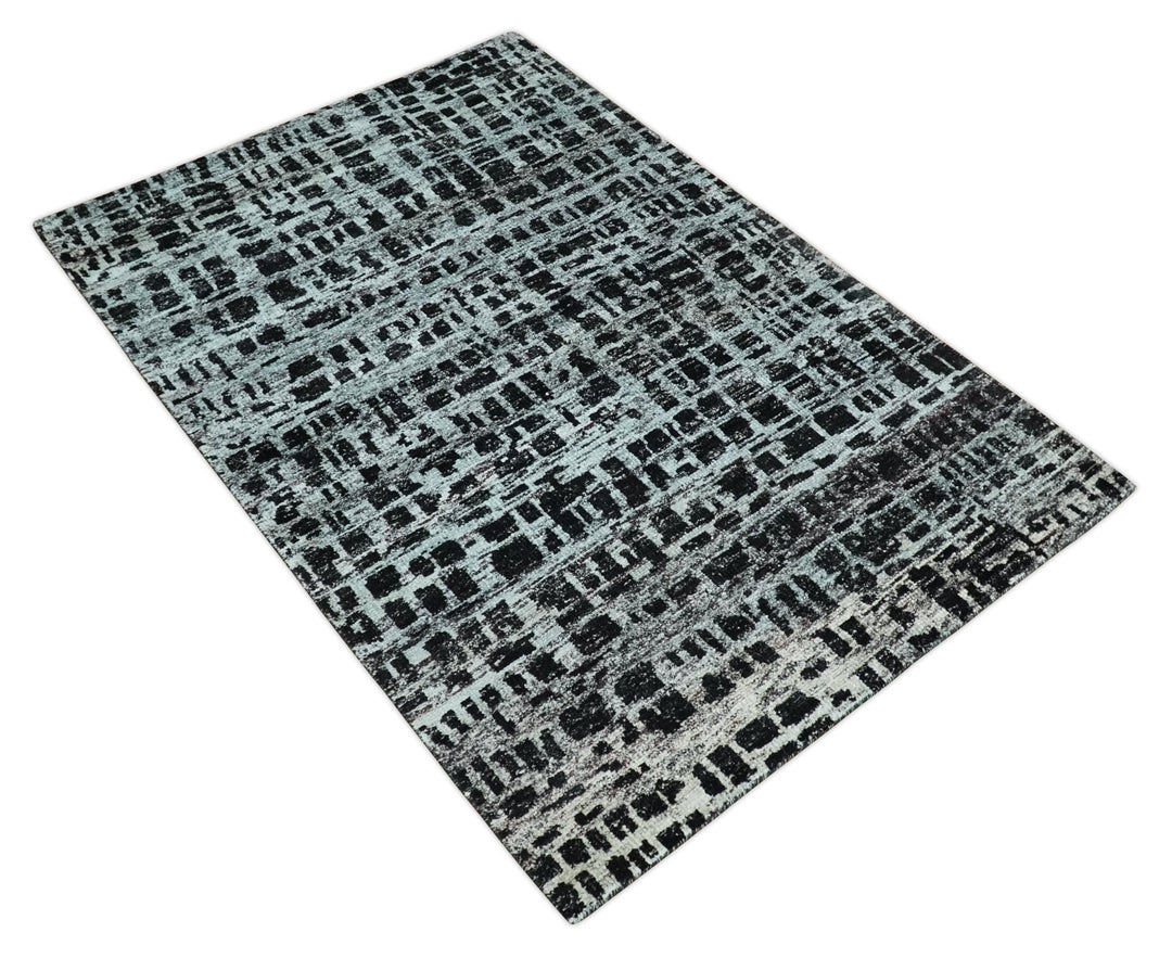 5x8 Hand Knotted Black and Silver Modern Abstract Contemporary Recycled Silk Area Rug | OP120 - The Rug Decor