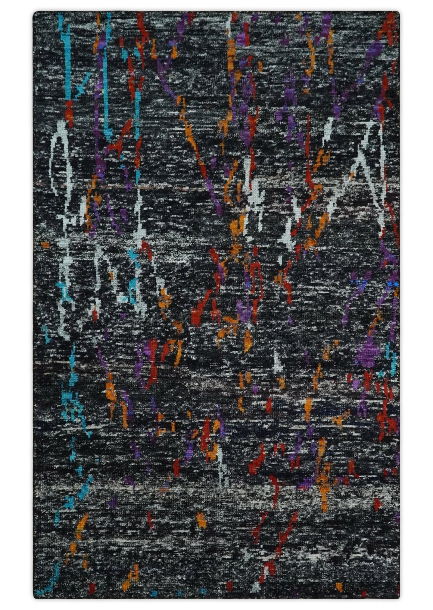 5x8 Hand Knotted Black, Ivory and Rust Modern Abstract Contemporary Recycled Silk Area Rug | OP132 - The Rug Decor