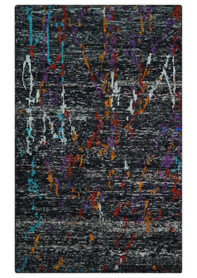 5x8 Hand Knotted Black, Ivory and Rust Modern Abstract Contemporary Recycled Silk Area Rug | OP132 - The Rug Decor