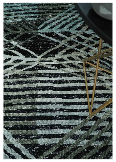 5x8 Hand Knotted Black, Ivory and Teal Modern Style Contemporary Recycled Silk Area Rug | OP119 - The Rug Decor