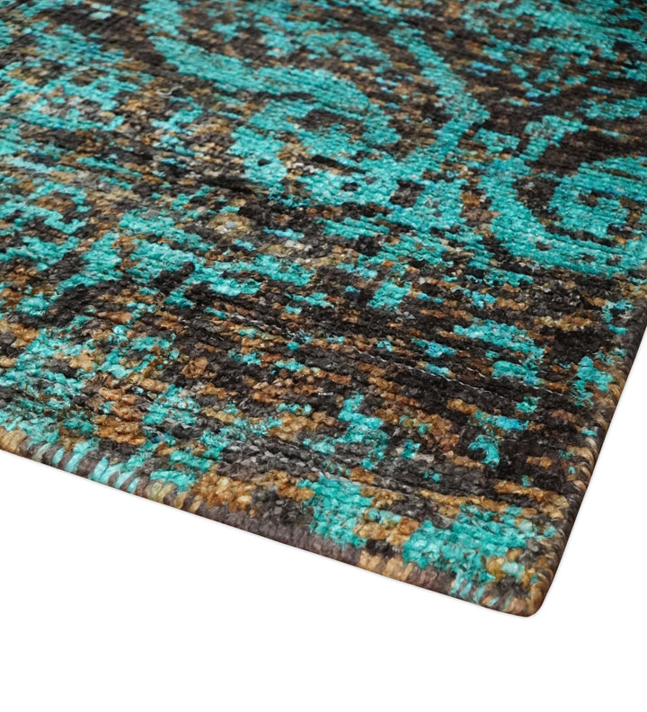 5x8 Hand Knotted Blue and Brown Modern Persian Style Contemporary Recycled Silk Area Rug | OP103 - The Rug Decor