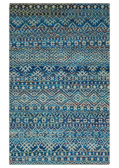 5x8 Hand Knotted Blue and Ivory Modern Contemporary Southwestern Tribal Trellis Recycled Silk Area Rug | OP80 - The Rug Decor