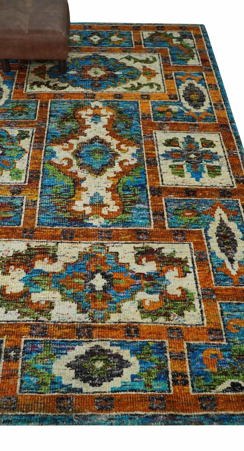 5x8 Hand Knotted Blue, Ivory and Gold Modern Persian made of Recycled Silk Area Rug | OP81 - The Rug Decor