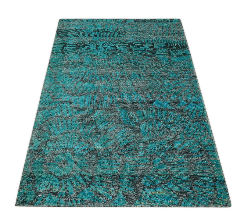 5x8 Hand Knotted Charcoal and Teal Blue Modern Style Contemporary Recycled Silk Area Rug | OP116 - The Rug Decor