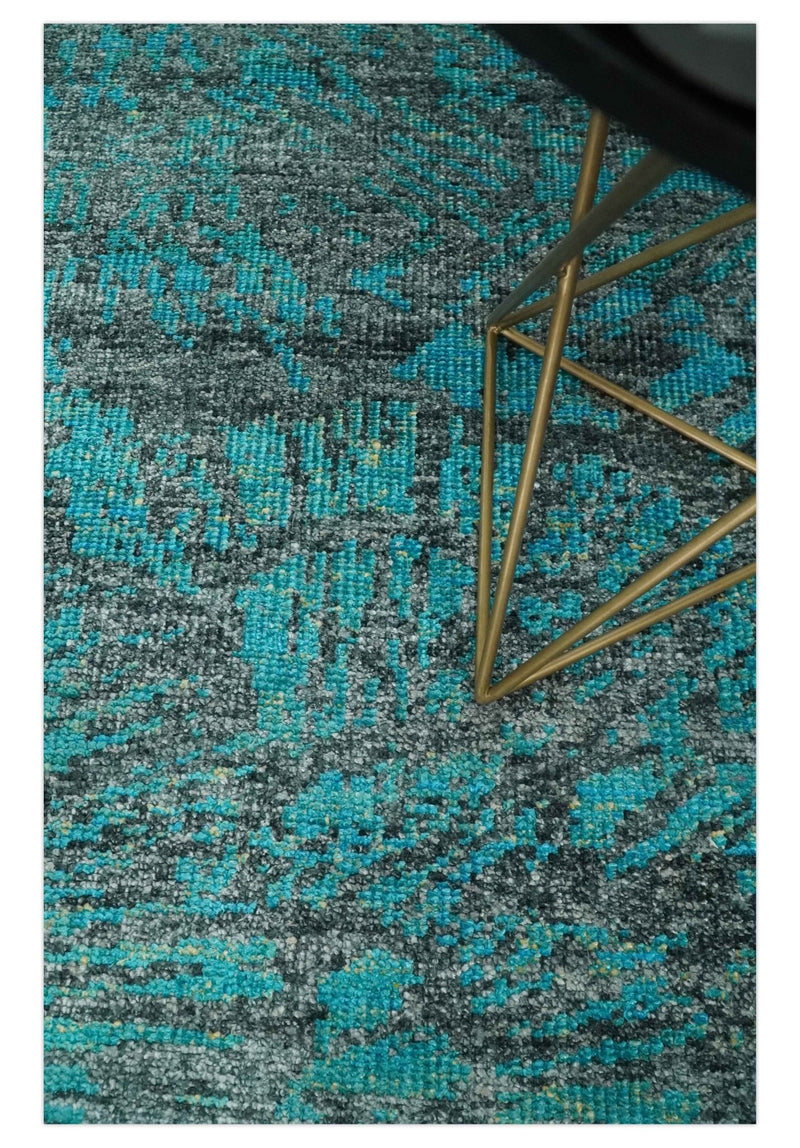 5x8 Hand Knotted Charcoal and Teal Blue Modern Style Contemporary Recycled Silk Area Rug | OP116 - The Rug Decor