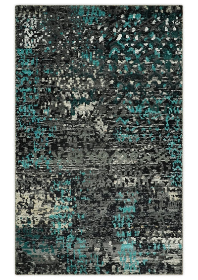 5x8 Hand Knotted Charcoal, Ivory and Blue Modern Abstract Contemporary Recycled Silk Area Rug | OP68 - The Rug Decor