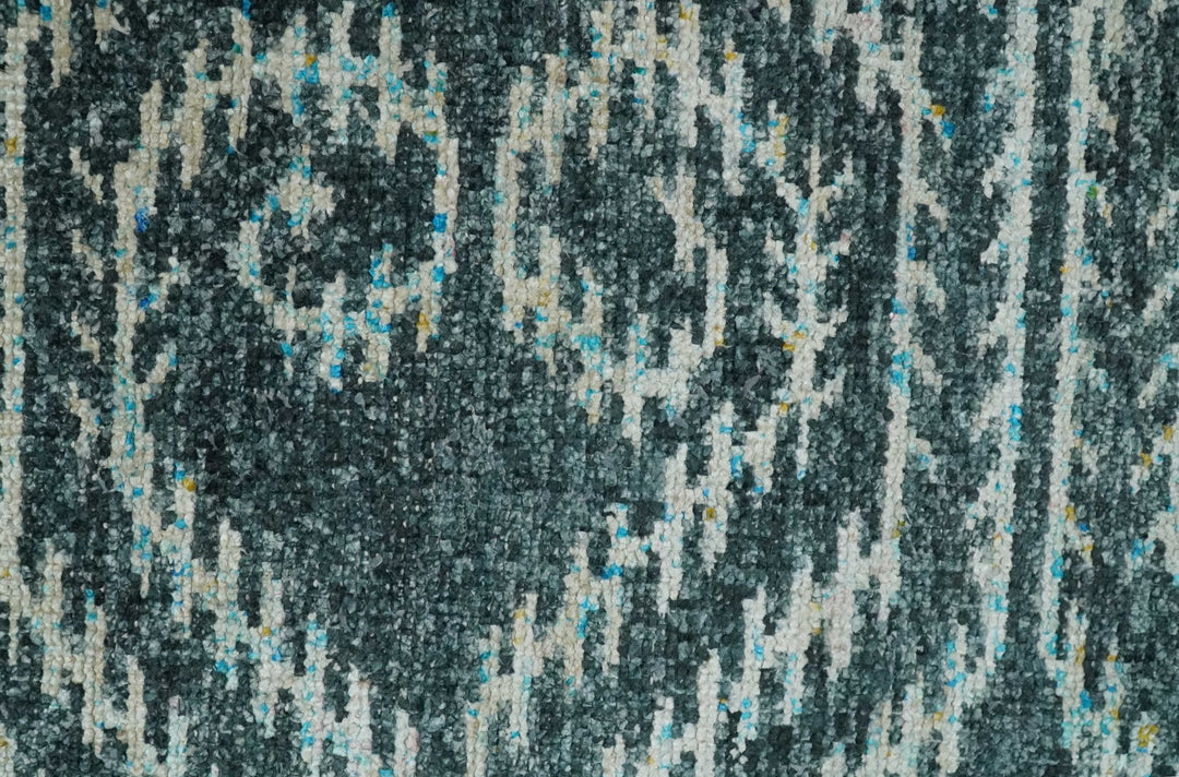 5x8 Hand Knotted Dark Teal and Ivory Modern Contemporary Southwestern Tribal Trellis Recycled Silk Area Rug | OP115 - The Rug Decor