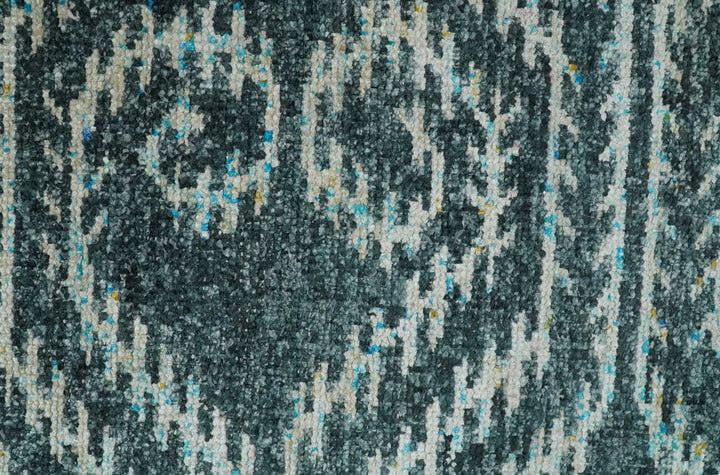 5x8 Hand Knotted Dark Teal and Ivory Modern Contemporary Southwestern Tribal Trellis Recycled Silk Area Rug | OP115 - The Rug Decor