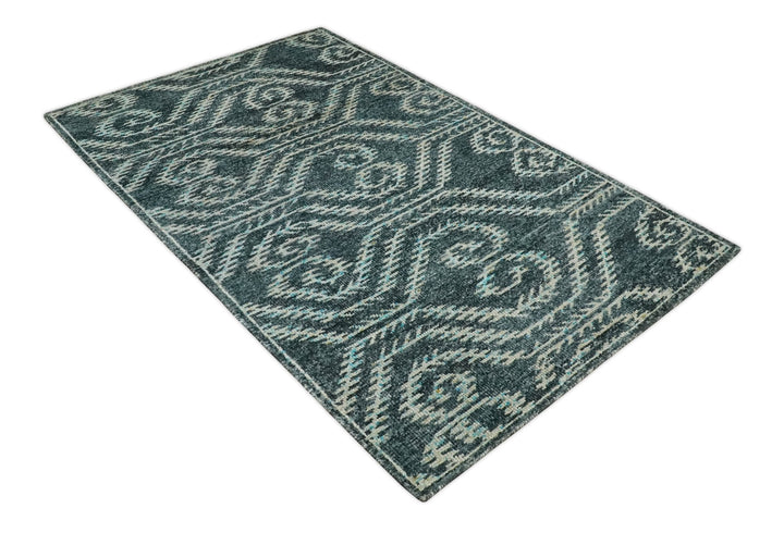 5x8 Hand Knotted Dark Teal and Ivory Modern Contemporary Southwestern Tribal Trellis Recycled Silk Area Rug | OP115 - The Rug Decor
