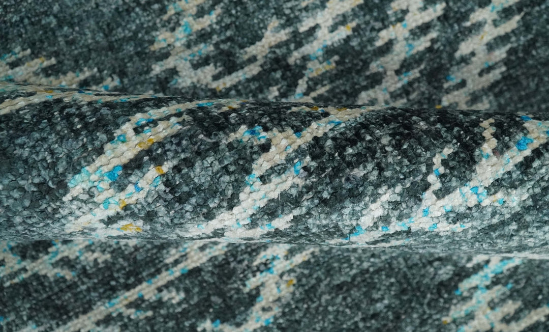 5x8 Hand Knotted Dark Teal and Ivory Modern Contemporary Southwestern Tribal Trellis Recycled Silk Area Rug | OP115 - The Rug Decor